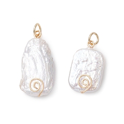 Золотой Натуральные кеши жемчужные подвески, прямоугольные подвески с обмоткой из экологически чистой медной проволоки, белые, золотые, 19~25x12.5~13x4.5~5.5 мм, Перейти кольцо: 4.6x0.8 мм, Внутренний диаметр: 3.5 мм.