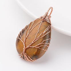 Тигровый глаз Природных тигровый глаз подвески, слеза, с фурнитурой латуни розового золота тон, 48~55x30~32x10~12 мм, отверстие : 4~7x8~12 мм