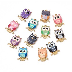 Mixed Color Painted Alloy Pendants, Owl Charm, Cadmium Free & Nickel Free & Lead Free, Golden, Mixed Color, 21.5x15x2.3mm, Hole: 2mm