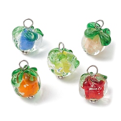 Mixed Color Handmade Lampwork Pendants, with 304 Stainless Steel Findings, Persimmon Charm, Mixed Color, 17.7x12.7x12.3mm, Hole: 2.8mm