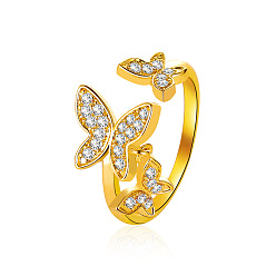 Golden Brass Micro Pave Cubic Zirconia Open Cuff Rings, Butterfly, Golden, 23mm