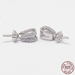 Platinum Rhodium Plated 925 Sterling Silver Cup Pearl Bail Pin Pendants, For Half Drilled Beads, with Micro Pave Cubic Zirconia, for Half Drilled Beads, teardrop, Platinum, 16x4x4mm, Hole: 6x2mm, Pin: 0.9mm