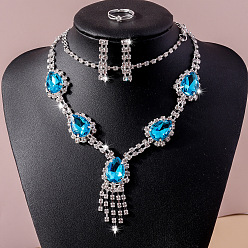 Аквамарин Браслеты, серьги, ожерелья и кольца из сплава со стразами в форме капли для женщин, аквамарин, Ожерелья: 350 mm