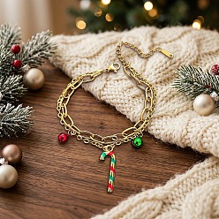 Candy Cane Christmas 304 Stainless Steel Enamel Charm 2-Strand Bracelets, Golden, Colorful, Candy Cane, 6.69 inch(17cm)