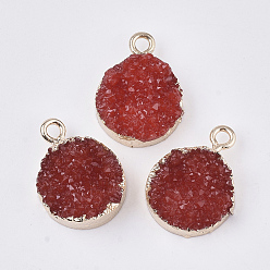 Red Electroplate Druzy Resin Pendants, with Iron Findings, Flat Round, Light Gold, Red, 17~18.5x13x6mm, Hole: 2mm
