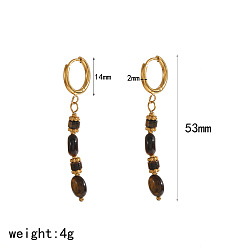Oval 304 Stainless Steel & Natural Tiger Eye Hoop Dangle Earrings, Golden, Oval, 53mm