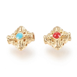 Real 18K Gold Plated Brass Beads, with Enamel, Cross, Red & Turquoise, Real 18K Gold Plated, 10x10x4.8mm, Hole: 1mm