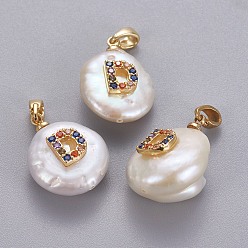 Letter D Подвески из натурального пресноводного жемчуга, с латунными микро проложить кубических выводы циркония, самородки с буквой, долговечный, золотые, красочный, letter.d, 17~27x12~16x6~12 мм, отверстие : 4x2.5 мм