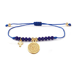 Прусский Синий 304 из нержавеющей стали шарм браслеты, Браслеты из плетеных бусин из стекла и латуни для женщин, крест и плоский круг со святым Бенедиктом, берлинская лазурь, 11.02 дюйм (28 см)