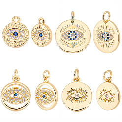 Золотой 16 шт 4 стили латунные подвески из микропаве с фианитом, плоский круглый с оберегами от сглаза, без кадмия и без свинца, с целью перехода в кольце, золотые, 12~15.5x10~15.5x1.5~2.5 мм, отверстие : 1.2~3 мм, 4 шт / стиль