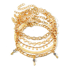 Золотой Сплав кристаллов горного хрусталя с кисточкой 5 многослойные браслеты на лодыжку для женщин, золотые, 7-7/8~8-1/4 дюйм (200~210 мм), 5 шт / комплект