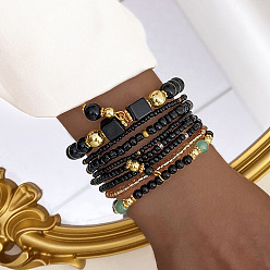 Черный 8шт 8 стили набор браслетов из стеклянных бусинок, составной браслет для женщин, со сплавом, чёрные, 2-3/8 дюйм (6 см)