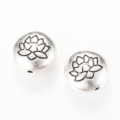 Antique Silver Tibetan Style Alloy Beads, Flat Round with Lotus, Cadmium Free & Nickel Free & Lead Free, Antique Silver, 14x6.5mm, Hole: 1mm, about 240pcs/1000g