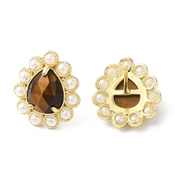 Tiger Eye Ion Plating(IP) Natural Tiger Eye Teardrop Stud Earrings with Plastic Pearl Beaded, Real 14K Gold Plated Brass Jewelry, 17.5x16mm
