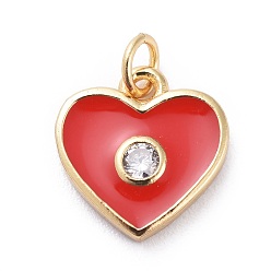 Red Cubic Zirconia Charms, with Brass Findings and Enamel, Heart, Golden, Red, 11.5x11x2mm, Hole: 1.8mm