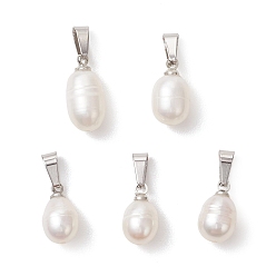 Нержавеющая Сталь Цвет Натуральные культивированные пресноводные жемчужные рисовые подвески, с 201 защелкой из нержавеющей стали на поручнях, белые, цвет нержавеющей стали, 12~15x7~7.5 мм, отверстие : 6x2.5 мм