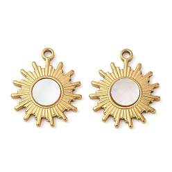 Настоящее золото 18K 304 подвески из натуральной белой ракушки из нержавеющей стали, солнечные чары, ионное покрытие (ip), реальный 18 k позолоченный, 18.5x16x2.5 мм, отверстие : 1.5 мм