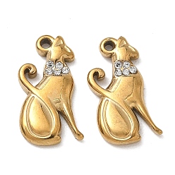 Golden 304 Edelstahl Strass Anhänger, Katzenform Charms, golden, 17x8x2 mm, Bohrung: 1 mm