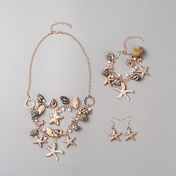 Rose Gold Iron Starfish & Natural Shell & Plastic Pearl Charm Bracelet & Dangle Earrings & Bib Necklaces Set, Ocean Theme Jewelry Set for Women, Rose Gold, 530mm, 202mm, 51.5x27.5mm