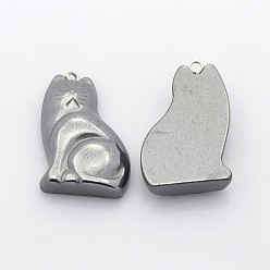 Non-magnetic Hematite Non-Magnetic Synthetic Hematite Kitten Pendants, Cartoon Cat Shape, 31x19x7mm, Hole: 2mm