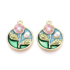 Светло-Голубой Подвески из эмали, АБС-пластика и искусственного жемчуга с гальваническим покрытием., плоский круглый с цветными чарами, без кадмия, без никеля и без свинца, золотые, Небесно-голубой, 26x20.5x5 мм, отверстие : 1.8 мм