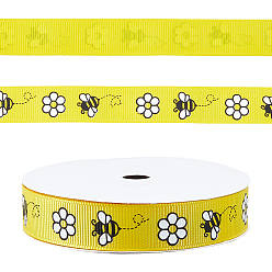 Yellow Polyester Ribbon, Bees, for Garment Accessories, Gift Decoration, Yellow, 5/8 inch(16mm), about 9.84 Yards(9m)/Roll