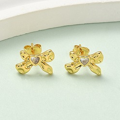 Золотой Серьги-гвоздики с бантом из латуни с микропаве из прозрачных кубических цирконий, стойки покрытие, долговечный, без кадмия и без свинца, золотые, 8.5x12.5 мм