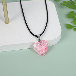 Pink Ожерелье из черного вощеного шнура с подвеской в виде светящегося сердца с пайеткой внутри, со сплавочной фурнитурой, розовые, 17.72 дюйм (45 см)