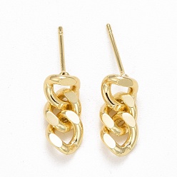 Real 14K Gold Plated Brass Cuban Link Chain Shape Dangle Stud Earrings, Drop Earrings for Women, Cadmium Free & Lead Free, Real 14K Gold Plated, 14x6x2mm, Pin: 0.8mm