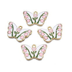 Белый Подвески из эмали и сплава, без кадмия, без никеля и без свинца, золотой свет, бабочка с тюльпаном, белые, 17.5x28x2.5 мм, отверстие : 1.8 мм