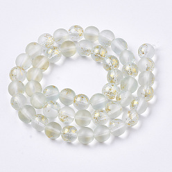 Azure Frosted Spray Painted Glass Beads Strands, with Golden Foil, Round, Azure, 8~9mm, Hole: 1.2~1.5mm, about 46~56pcs/Strand, 14.37 inch~16.3 inch(36.5~41.4cm)