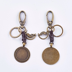 Antique Bronze Alloy Keychain Findings, Cabochon Settings, Cadmium Free & Lead Free, Flat Round and Fish, Antique Bronze, Tray: 25mm, 110mm