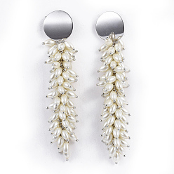 Stainless Steel Color 304 Stainless Steel Dangle Ear Studs, with Glass Imitation Pearl Barrel Beads, Brass and Iron Findings, Stainless Steel Color, 100mm, pin: 0.8mm