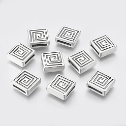 Argent Antique Breloques coulissants de style tibétain, sans plomb et sans cadmium, carrée, argent antique, 14x14x5mm, Trou: 2mm