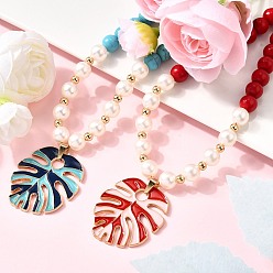 (52) Непрозрачная лаванда 2 шт. 2 цвета лист сплав эмаль подвеска окрашенная синтетическая бирюза и пластиковый жемчуг круглые бусины ожерелья для женщин, золотые, разноцветные, 17.13 дюйм (43.5 см), 1 шт / цвет