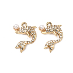 Золотой Подвески из сплава и страза, прелести дельфинов, с имитацией жемчуга, золотые, 23x18.5x4.5 мм, отверстие : 2.2 мм