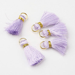 Фиолетовый Нейлон кисточка кулон украшение, с латунной фурнитурой , золотые, фиолетовые, 23~27x5 мм, отверстие : 4 мм