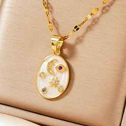 Белый Модные женские ожерелья с подвеской в виде звезды и луны в форме овала из латуни и эмали, с красочным кубическим цирконием, золотые, белые, 15.75 дюйм (40 см)