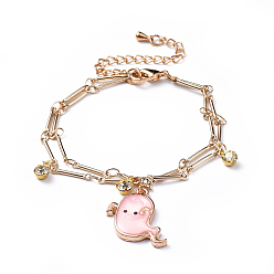 Pink Латунные браслеты, с подвесками из эмалевого сплава и латунными стразами, Призрак Хэллоуина, реальный 18 k позолоченный, розовые, 6-1/2 дюйм (16.5 см)
