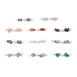 Смешанные камни Подвески-коннекторы из натурального смешанного камня и натурального культивированного пресноводного жемчуга с рисовыми бусинами, с латунными двойными петлями, золотые, окрашенные и неокрашенные, 33.5~38x5.5~8.5x4.5~5.5 мм, отверстие : 2.5 мм