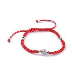 Platinum Adjustable Nylon Thread Braided Bead Bracelets, Red String Bracelets, with Brass Micro Pave Cubic Zirconia Beads and Brass Beads, Round, Red, Platinum, 2-1/8 inch~3-5/8 inch(5.4~9.2cm)