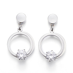 Stainless Steel Color 304 Stainless Steel Earlobe Plugs, Screw Back Earrings, with Cubic Zirconia, Ring with Star, Stainless Steel Color, 30mm, pin: 1mm