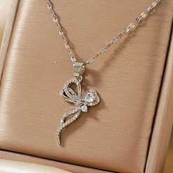 Платина Элегантные латунные ожерелья-банты с прозрачными кубическими циркониями для женщин, платина, 15.75 дюйм (40 см)