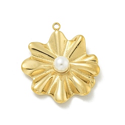 Настоящее золото 14K 304 подвески из нержавеющей стали, с пластмассовой жемчужиной abs, очарование листьев лотоса, реальный 14 k позолоченный, 25x23x6 мм, отверстие : 1.4 мм