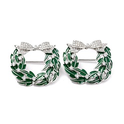 Платина Латунная брошь из прозрачного кубического циркония с микропаве на рождество, эмалевый штифт, без свинца, без кадмия и с низким содержанием никеля, Рождественский венок, зелёные, платина, 28x31x10 мм, штифты : 0.8 мм