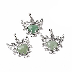 Green Aventurine Natural Green Aventurine Pendants, Eagle with Heart Charms, with Rack Plating Platinum Tone Brass Findings, 36.5x33.3x6~7mm, Hole: 8x5mm