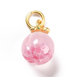 Matte Gold Color Handmade Lampwork Pendants, with Brass Findings, Cadmium Free & Lead Free, Peach with Clover, Matte Gold Color, 17x9.5mm, Hole: 4mm