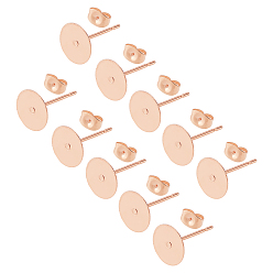 Розовое Золото 304 Выводы серьги из нержавеющей стали шпилька, с ушными гайками / серьгами, плоско-круглые, розовое золото , 12x8 мм, штифты : 0.7 мм, 60 шт / коробка