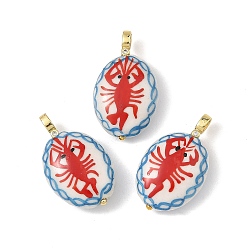 Red Handmade Porcelain with Brass Pendants, Oval with Lobster Charms, Golden, Red, 29.5x17.5x8~8.5mm, Hole: 2x3mm