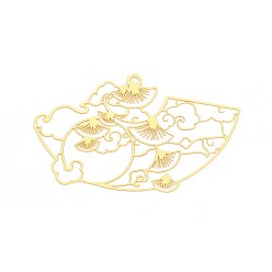 Настоящее золото 18K Латунные большие кулоны, вентилятор, гравированные металлические украшения, долговечный, без никеля , реальный 18 k позолоченный, 41.5~42x68x0.2 мм, отверстие : 1.8 мм